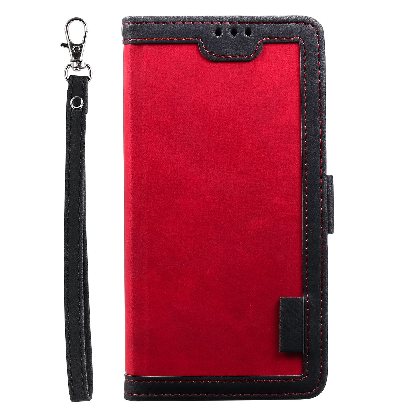 Uniqkart for iPhone 15 Ultra PU Leather Retro Case Color Splicing Stand Wallet Flip Cover with Wrist Strap - Red