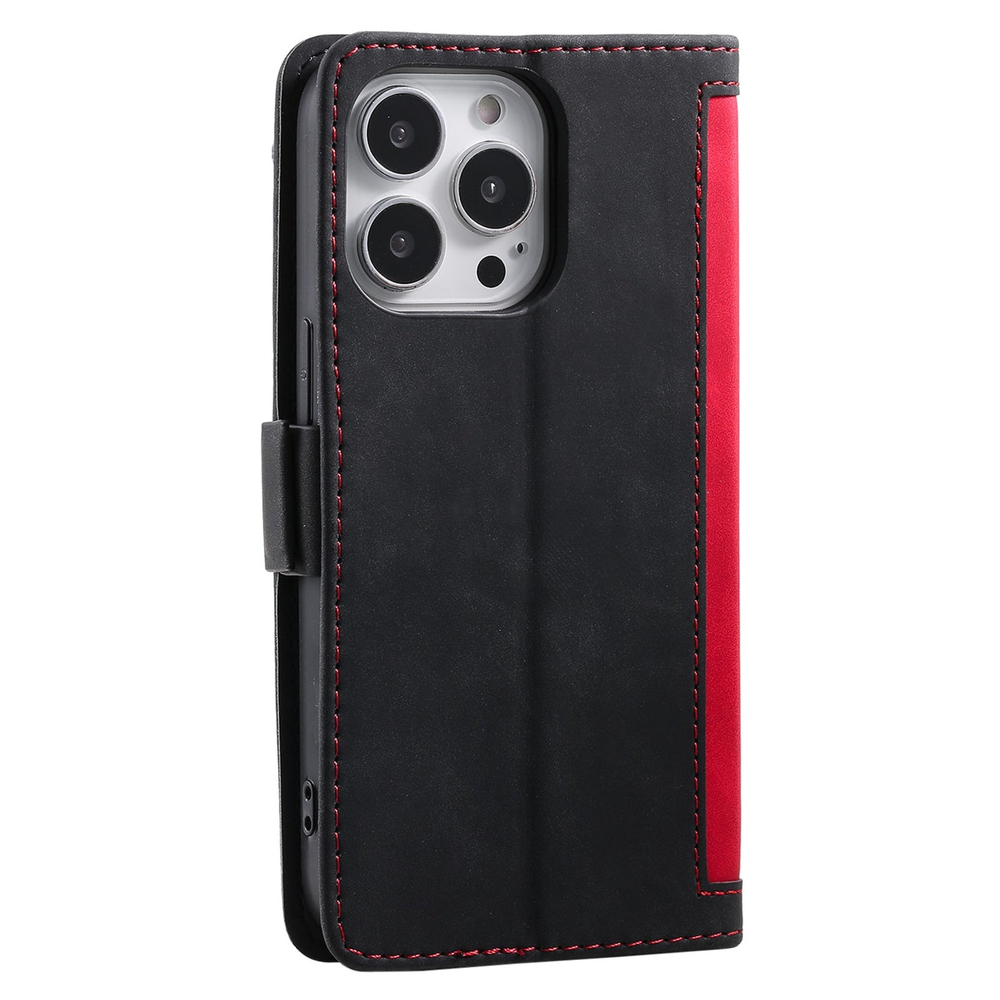 Uniqkart for iPhone 15 Ultra PU Leather Retro Case Color Splicing Stand Wallet Flip Cover with Wrist Strap - Red