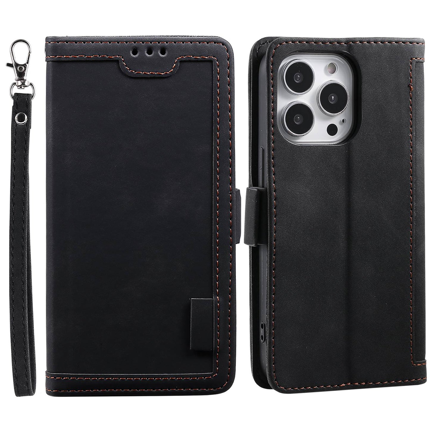 Uniqkart for iPhone 15 Ultra PU Leather Retro Case Color Splicing Stand Wallet Flip Cover with Wrist Strap - Black