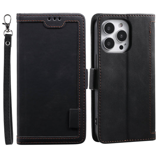 Uniqkart for iPhone 15 Ultra PU Leather Retro Case Color Splicing Stand Wallet Flip Cover with Wrist Strap - Black