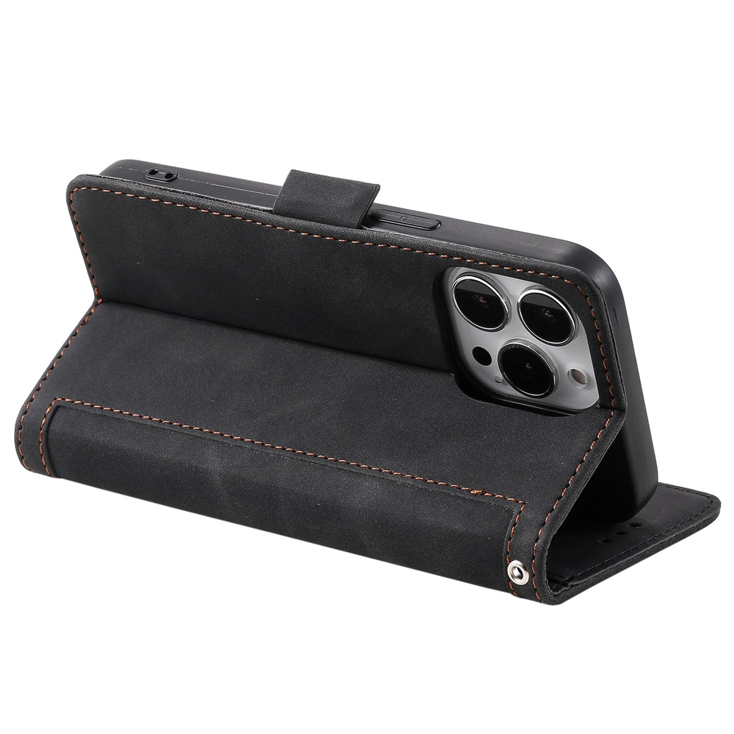 Uniqkart for iPhone 15 Ultra PU Leather Retro Case Color Splicing Stand Wallet Flip Cover with Wrist Strap - Black