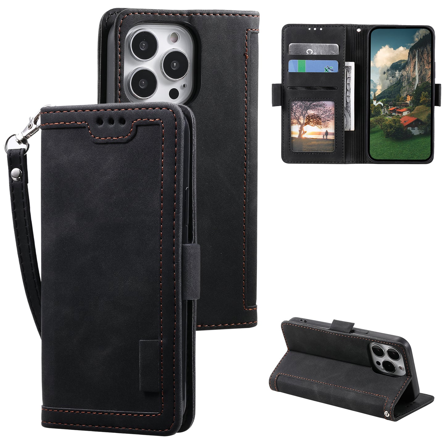 Uniqkart for iPhone 15 Ultra PU Leather Retro Case Color Splicing Stand Wallet Flip Cover with Wrist Strap - Black