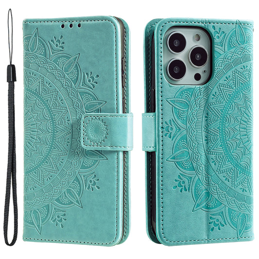Uniqkart for iPhone 15 Ultra Mandala Flower Imprint Phone Case PU Leather Wallet Stand Folio Cover with Strap - Green