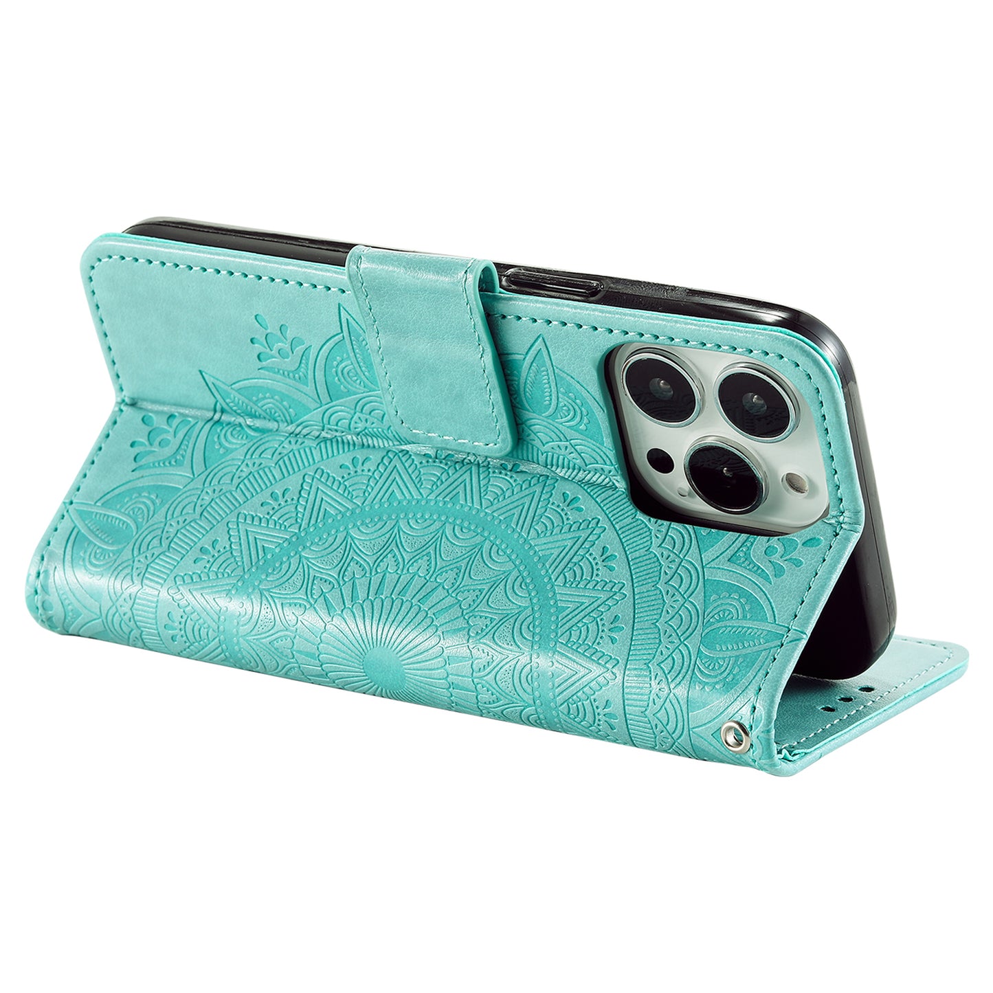 Uniqkart for iPhone 15 Ultra Mandala Flower Imprint Phone Case PU Leather Wallet Stand Folio Cover with Strap - Green