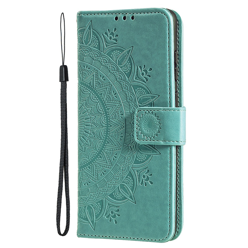 Uniqkart for iPhone 15 Ultra Mandala Flower Imprint Phone Case PU Leather Wallet Stand Folio Cover with Strap - Green