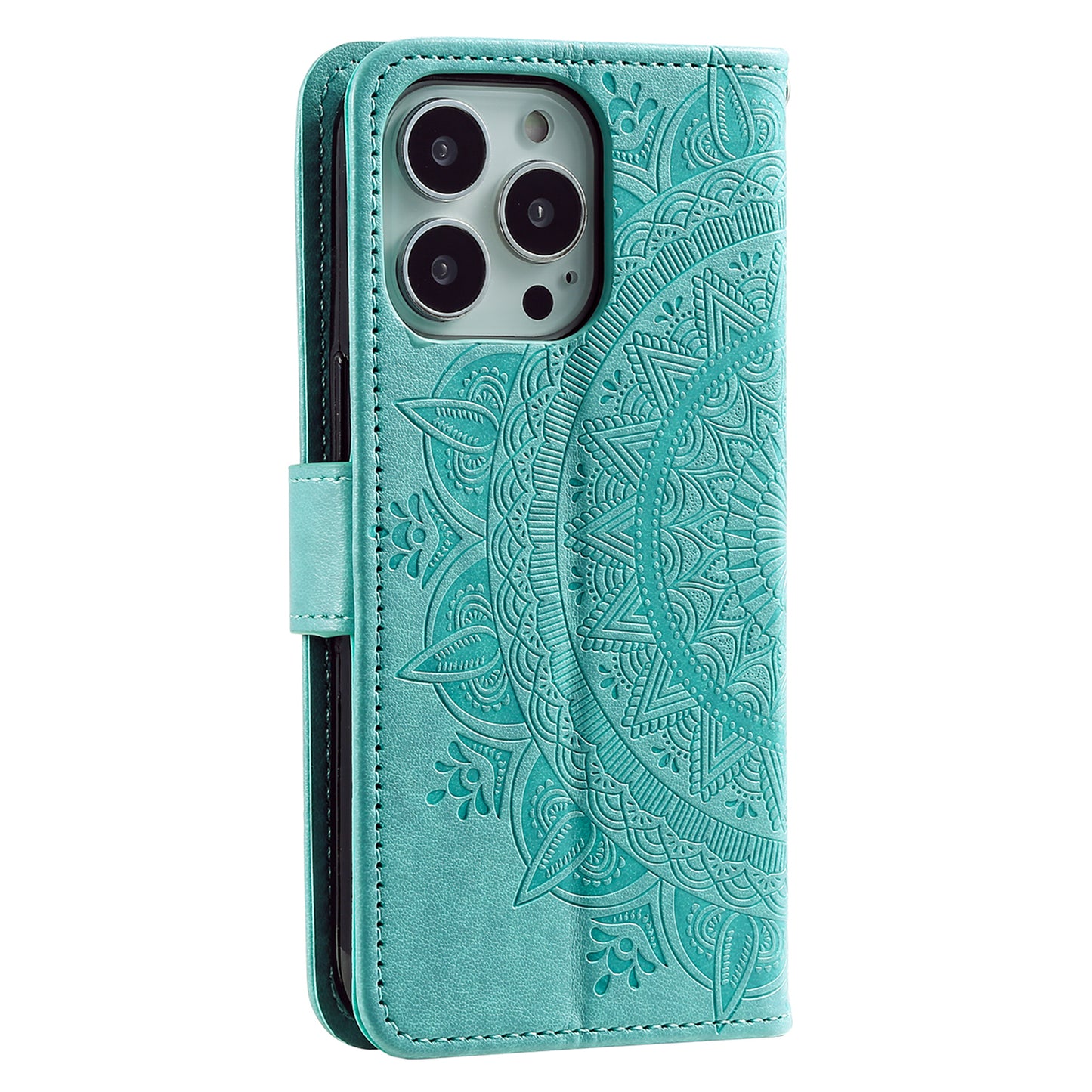 Uniqkart for iPhone 15 Ultra Mandala Flower Imprint Phone Case PU Leather Wallet Stand Folio Cover with Strap - Green