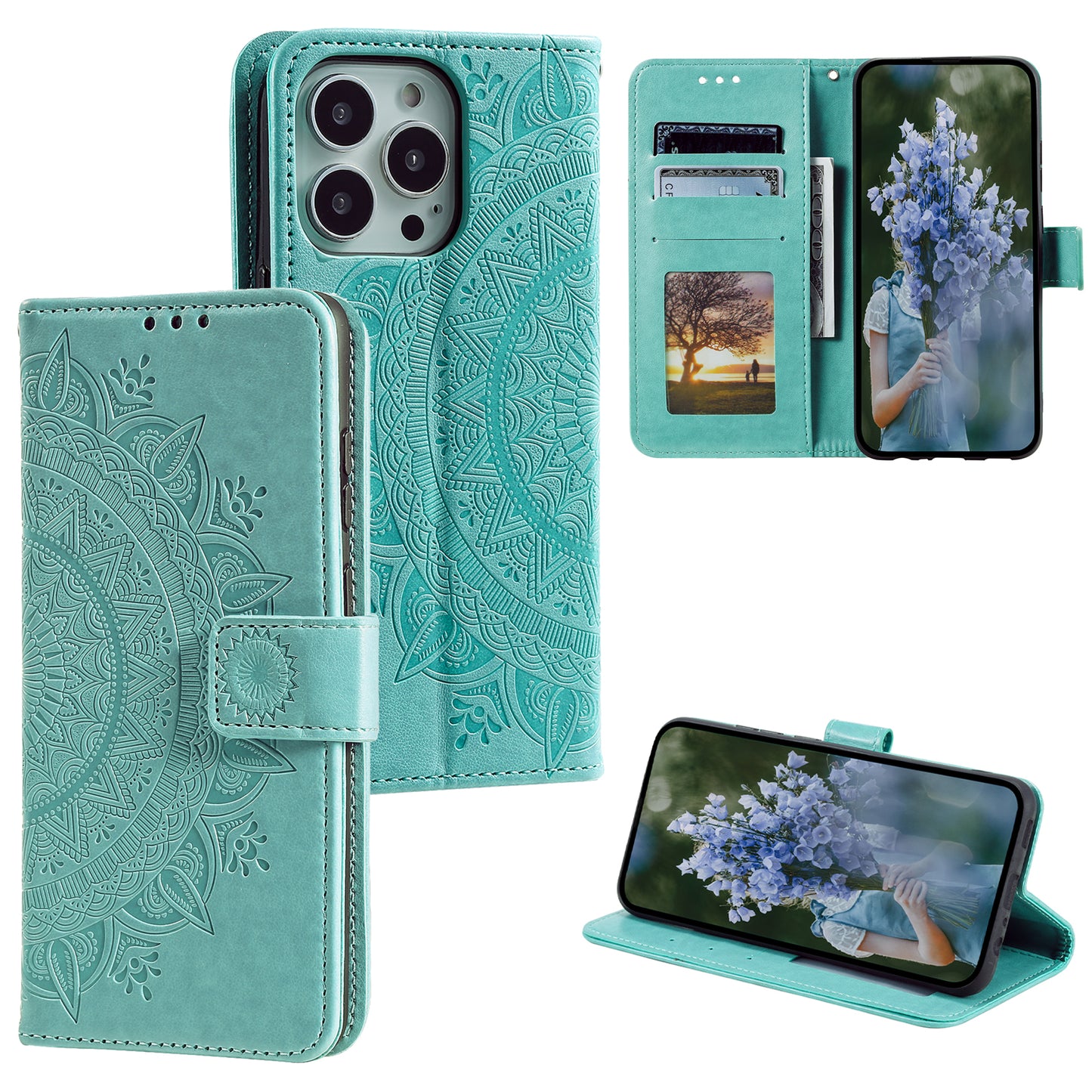 Uniqkart for iPhone 15 Ultra Mandala Flower Imprint Phone Case PU Leather Wallet Stand Folio Cover with Strap - Green