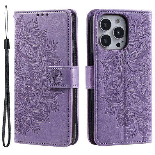 Uniqkart for iPhone 15 Ultra Mandala Flower Imprint Phone Case PU Leather Wallet Stand Folio Cover with Strap - Purple