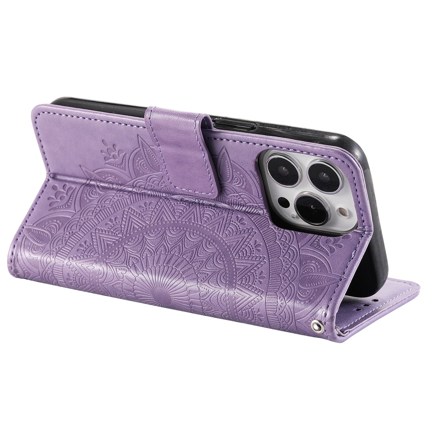 Uniqkart for iPhone 15 Ultra Mandala Flower Imprint Phone Case PU Leather Wallet Stand Folio Cover with Strap - Purple