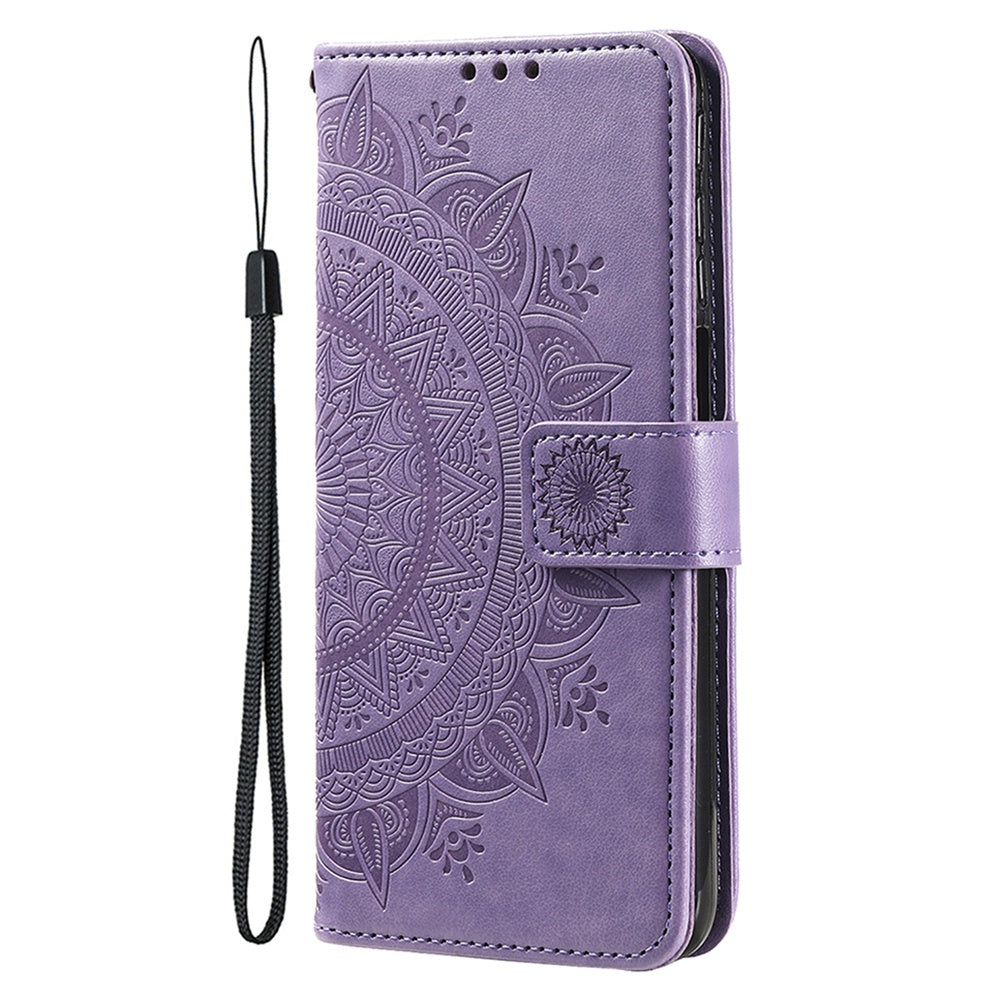 Uniqkart for iPhone 15 Ultra Mandala Flower Imprint Phone Case PU Leather Wallet Stand Folio Cover with Strap - Purple