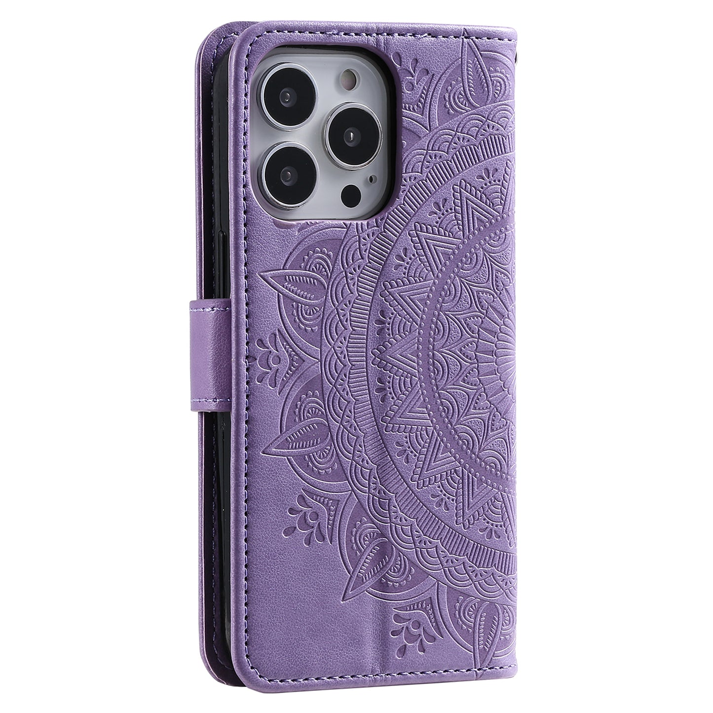 Uniqkart for iPhone 15 Ultra Mandala Flower Imprint Phone Case PU Leather Wallet Stand Folio Cover with Strap - Purple