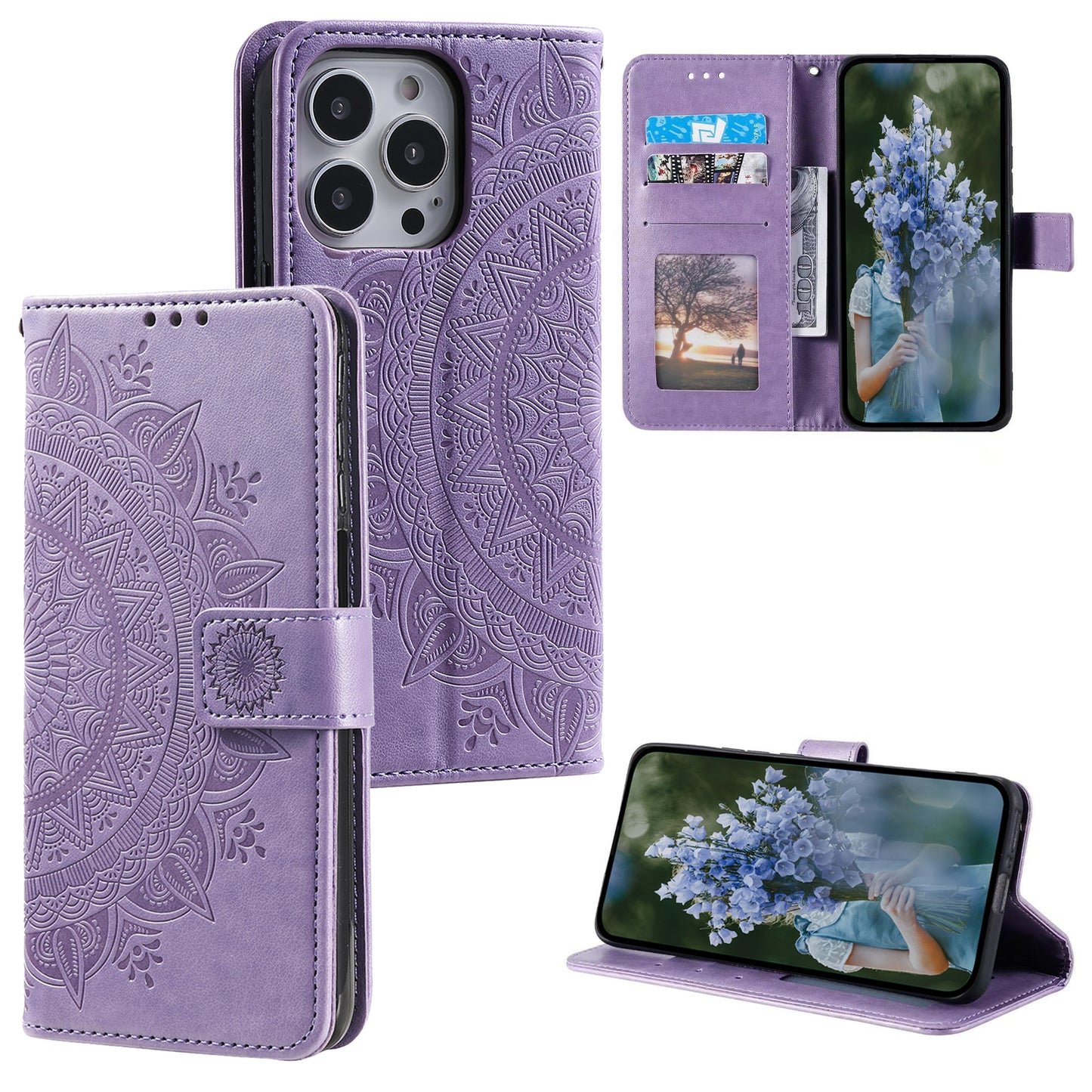 Uniqkart for iPhone 15 Ultra Mandala Flower Imprint Phone Case PU Leather Wallet Stand Folio Cover with Strap - Purple