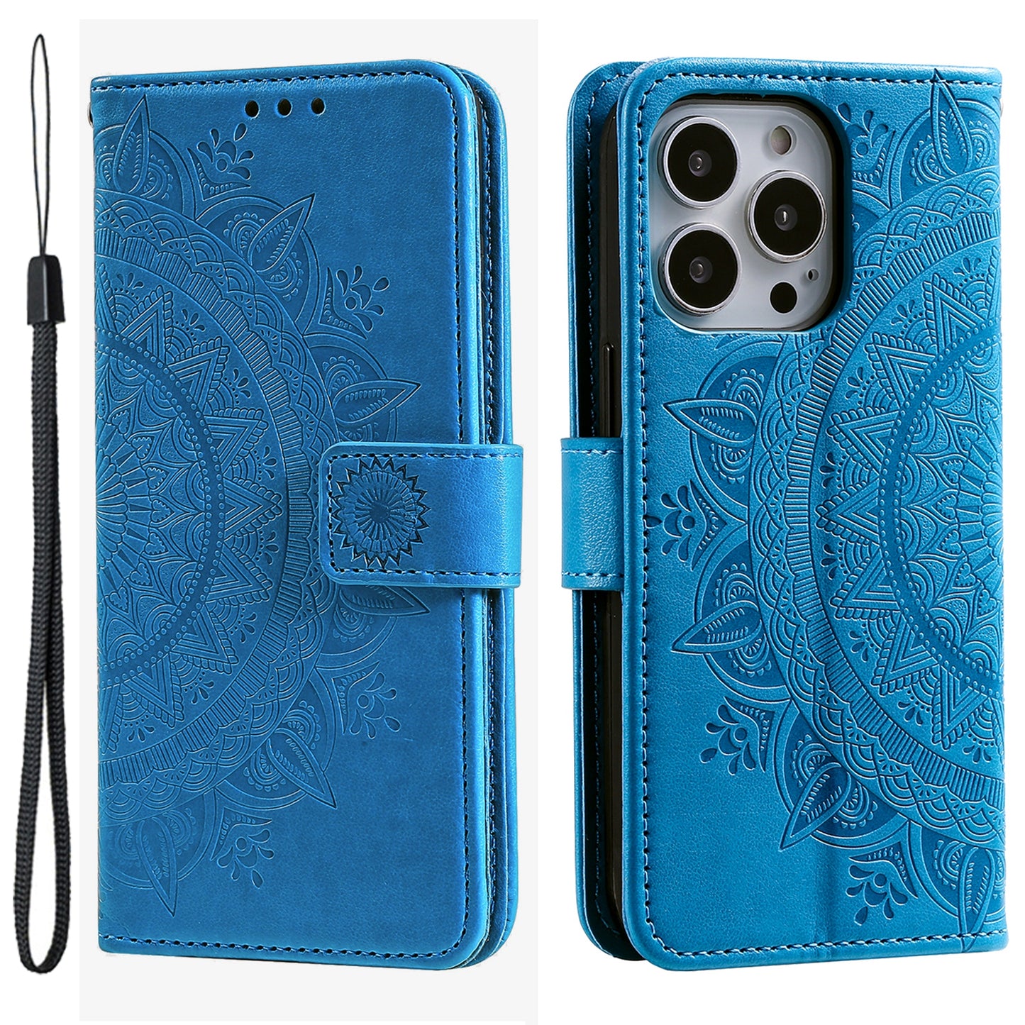 Uniqkart for iPhone 15 Ultra Mandala Flower Imprint Phone Case PU Leather Wallet Stand Folio Cover with Strap - Blue