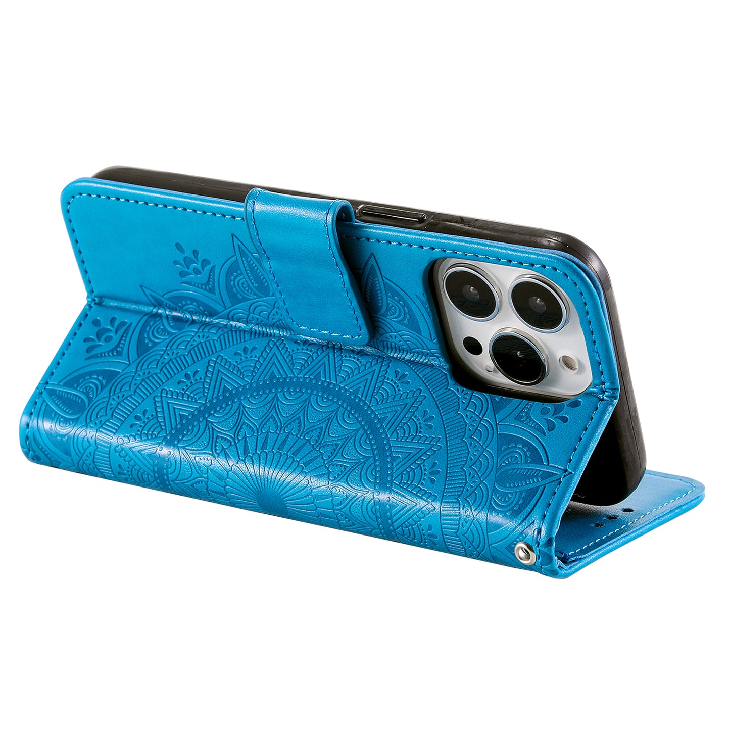Uniqkart for iPhone 15 Ultra Mandala Flower Imprint Phone Case PU Leather Wallet Stand Folio Cover with Strap - Blue
