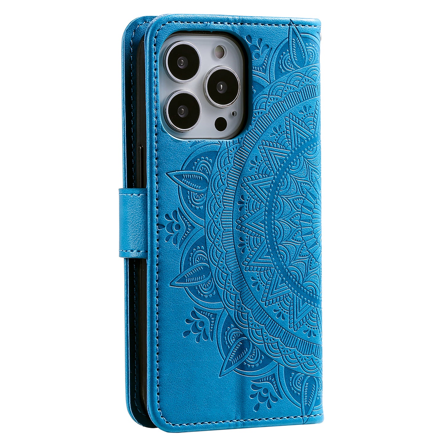 Uniqkart for iPhone 15 Ultra Mandala Flower Imprint Phone Case PU Leather Wallet Stand Folio Cover with Strap - Blue