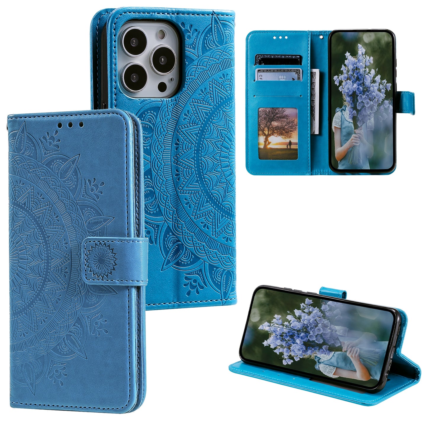 Uniqkart for iPhone 15 Ultra Mandala Flower Imprint Phone Case PU Leather Wallet Stand Folio Cover with Strap - Blue