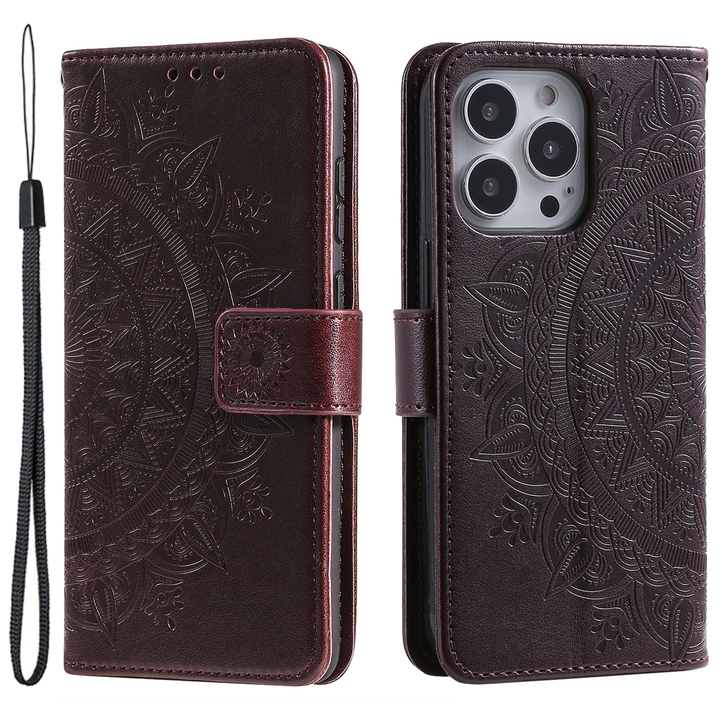 Uniqkart for iPhone 15 Ultra Mandala Flower Imprint Phone Case PU Leather Wallet Stand Folio Cover with Strap - Brown