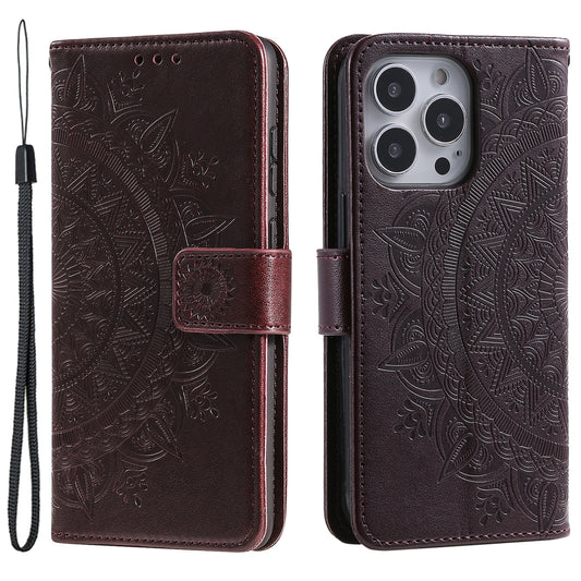 Uniqkart for iPhone 15 Ultra Mandala Flower Imprint Phone Case PU Leather Wallet Stand Folio Cover with Strap - Brown