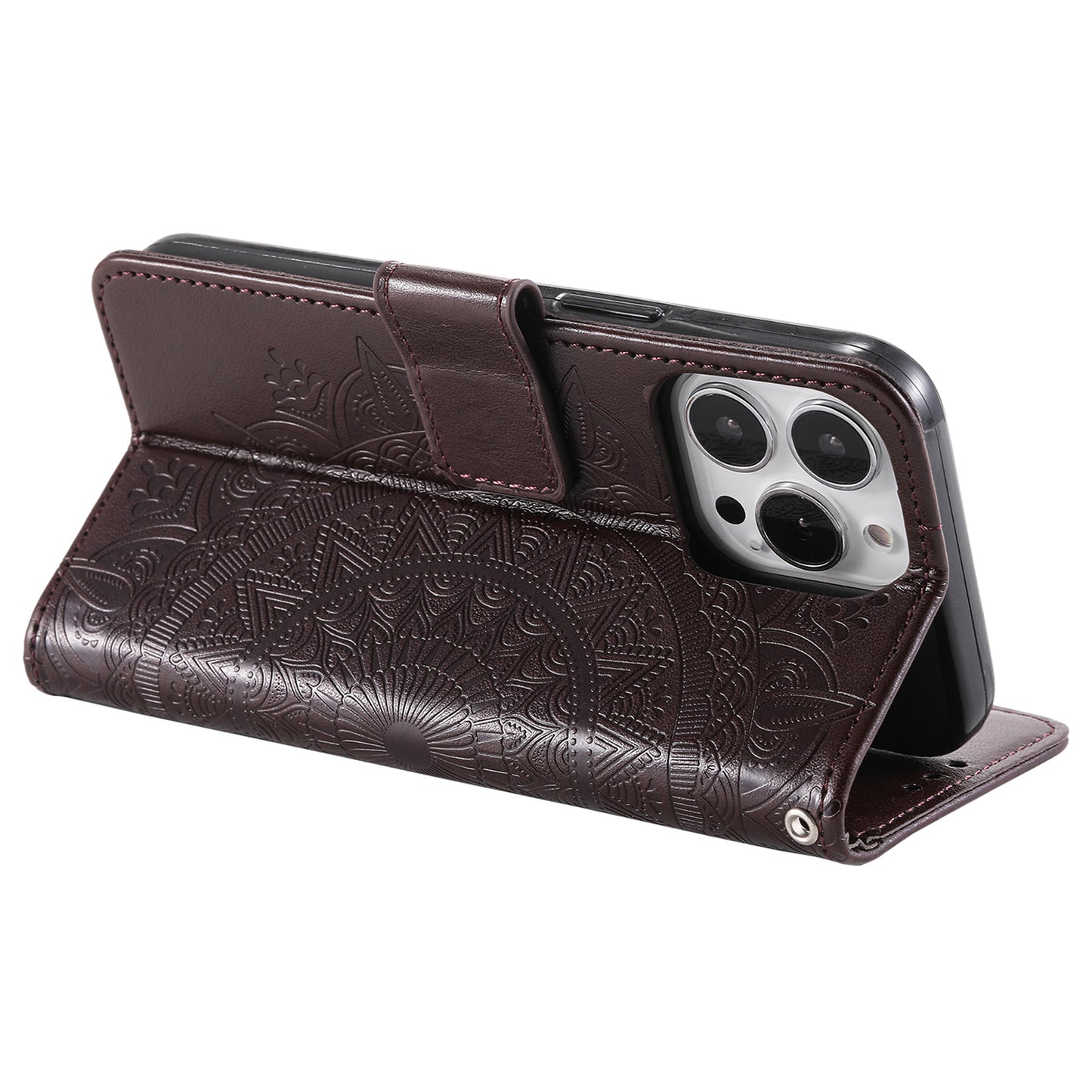 Uniqkart for iPhone 15 Ultra Mandala Flower Imprint Phone Case PU Leather Wallet Stand Folio Cover with Strap - Brown