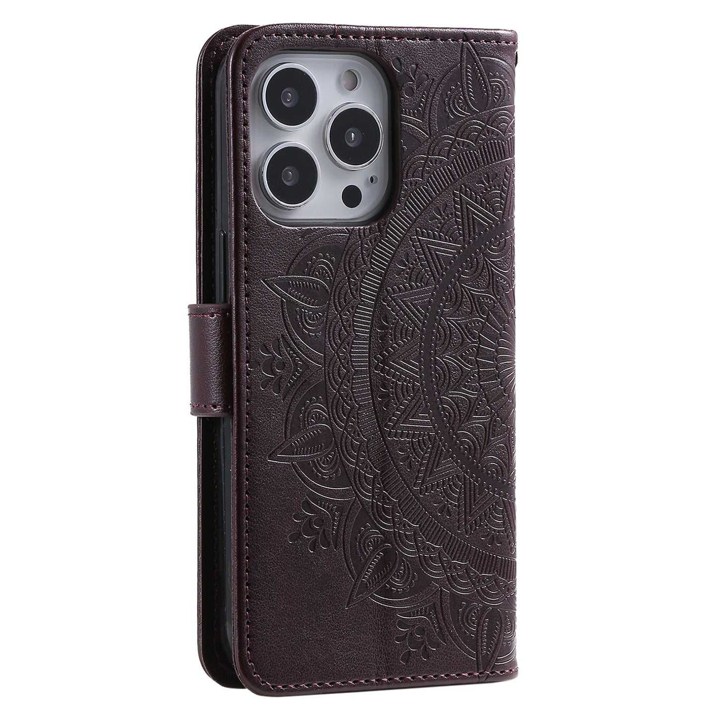 Uniqkart for iPhone 15 Ultra Mandala Flower Imprint Phone Case PU Leather Wallet Stand Folio Cover with Strap - Brown