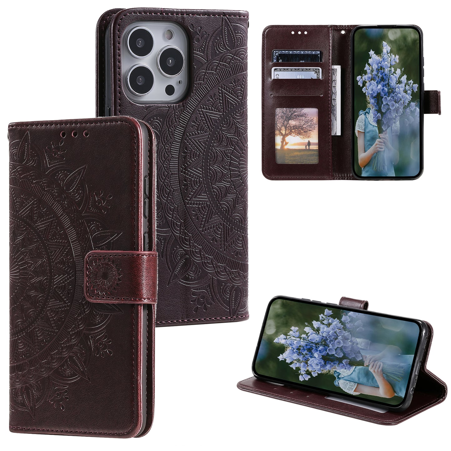 Uniqkart for iPhone 15 Ultra Mandala Flower Imprint Phone Case PU Leather Wallet Stand Folio Cover with Strap - Brown