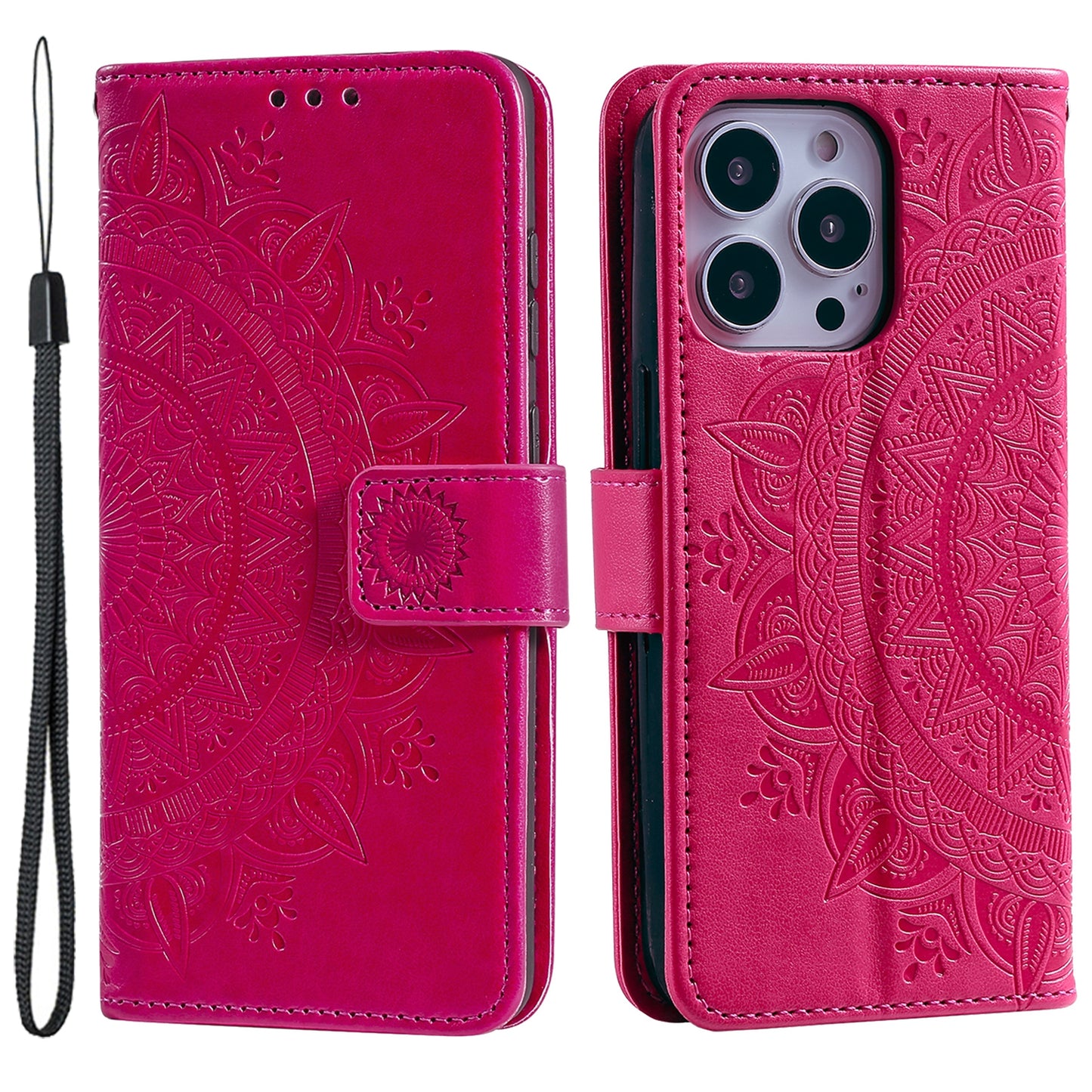 Uniqkart for iPhone 15 Ultra Mandala Flower Imprint Phone Case PU Leather Wallet Stand Folio Cover with Strap - Rose