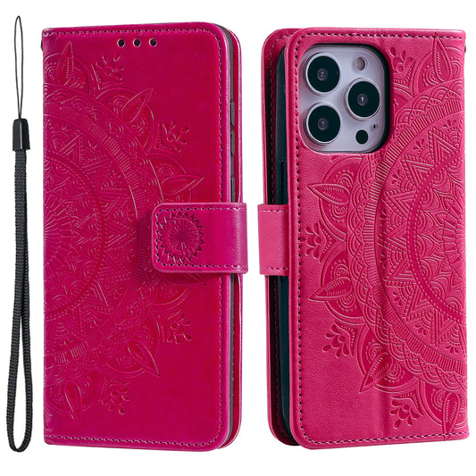 Uniqkart for iPhone 15 Ultra Mandala Flower Imprint Phone Case PU Leather Wallet Stand Folio Cover with Strap - Rose