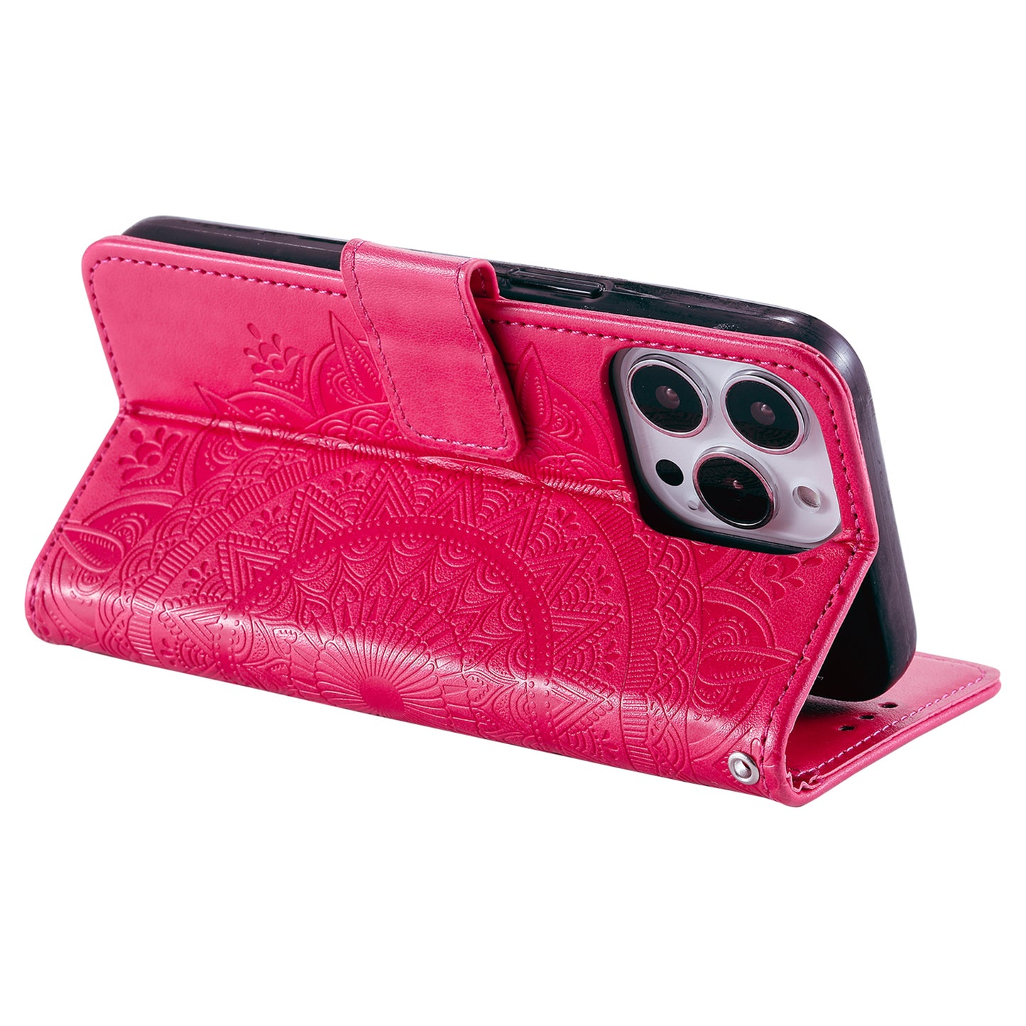 Uniqkart for iPhone 15 Ultra Mandala Flower Imprint Phone Case PU Leather Wallet Stand Folio Cover with Strap - Rose