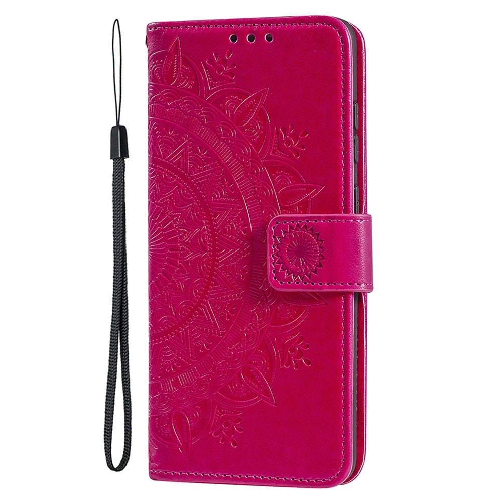 Uniqkart for iPhone 15 Ultra Mandala Flower Imprint Phone Case PU Leather Wallet Stand Folio Cover with Strap - Rose