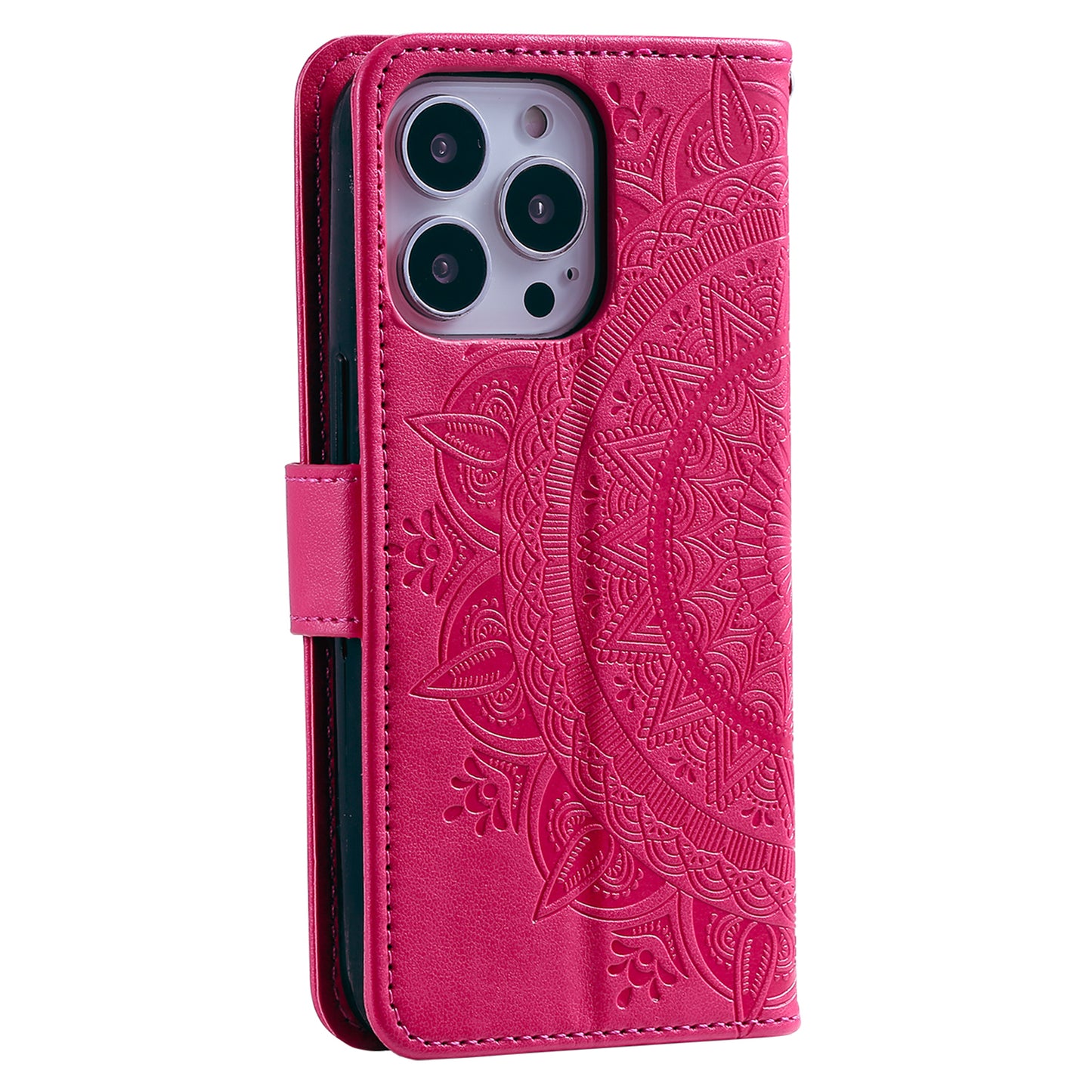 Uniqkart for iPhone 15 Ultra Mandala Flower Imprint Phone Case PU Leather Wallet Stand Folio Cover with Strap - Rose