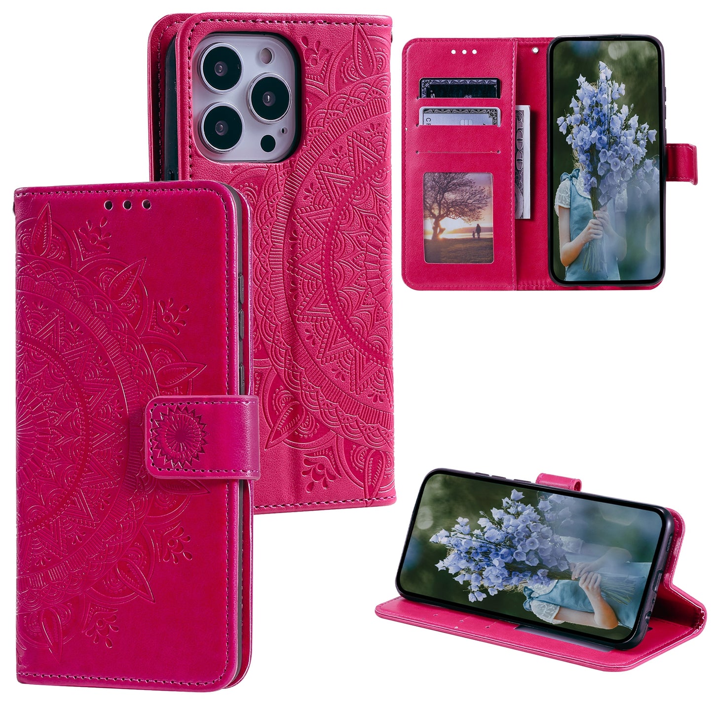 Uniqkart for iPhone 15 Ultra Mandala Flower Imprint Phone Case PU Leather Wallet Stand Folio Cover with Strap - Rose