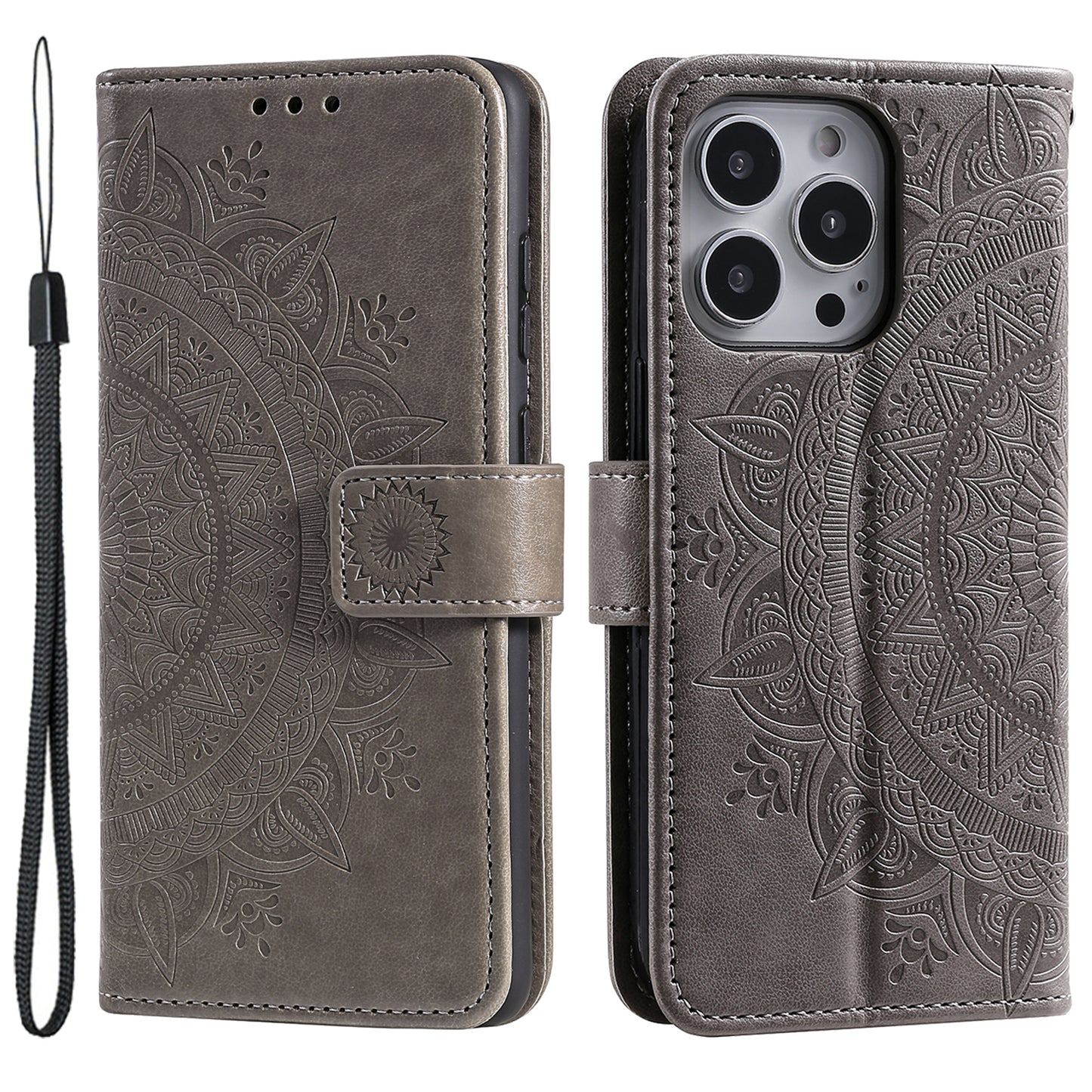 Uniqkart for iPhone 15 Ultra Mandala Flower Imprint Phone Case PU Leather Wallet Stand Folio Cover with Strap - Grey