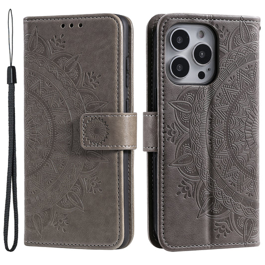Uniqkart for iPhone 15 Ultra Mandala Flower Imprint Phone Case PU Leather Wallet Stand Folio Cover with Strap - Grey