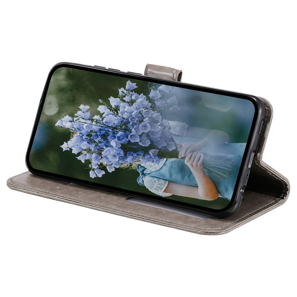 Uniqkart for iPhone 15 Ultra Mandala Flower Imprint Phone Case PU Leather Wallet Stand Folio Cover with Strap - Grey