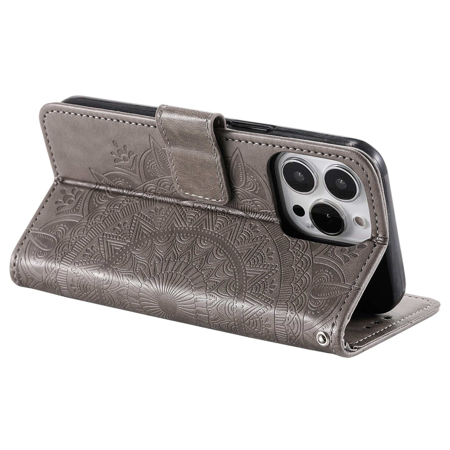 Uniqkart for iPhone 15 Ultra Mandala Flower Imprint Phone Case PU Leather Wallet Stand Folio Cover with Strap - Grey