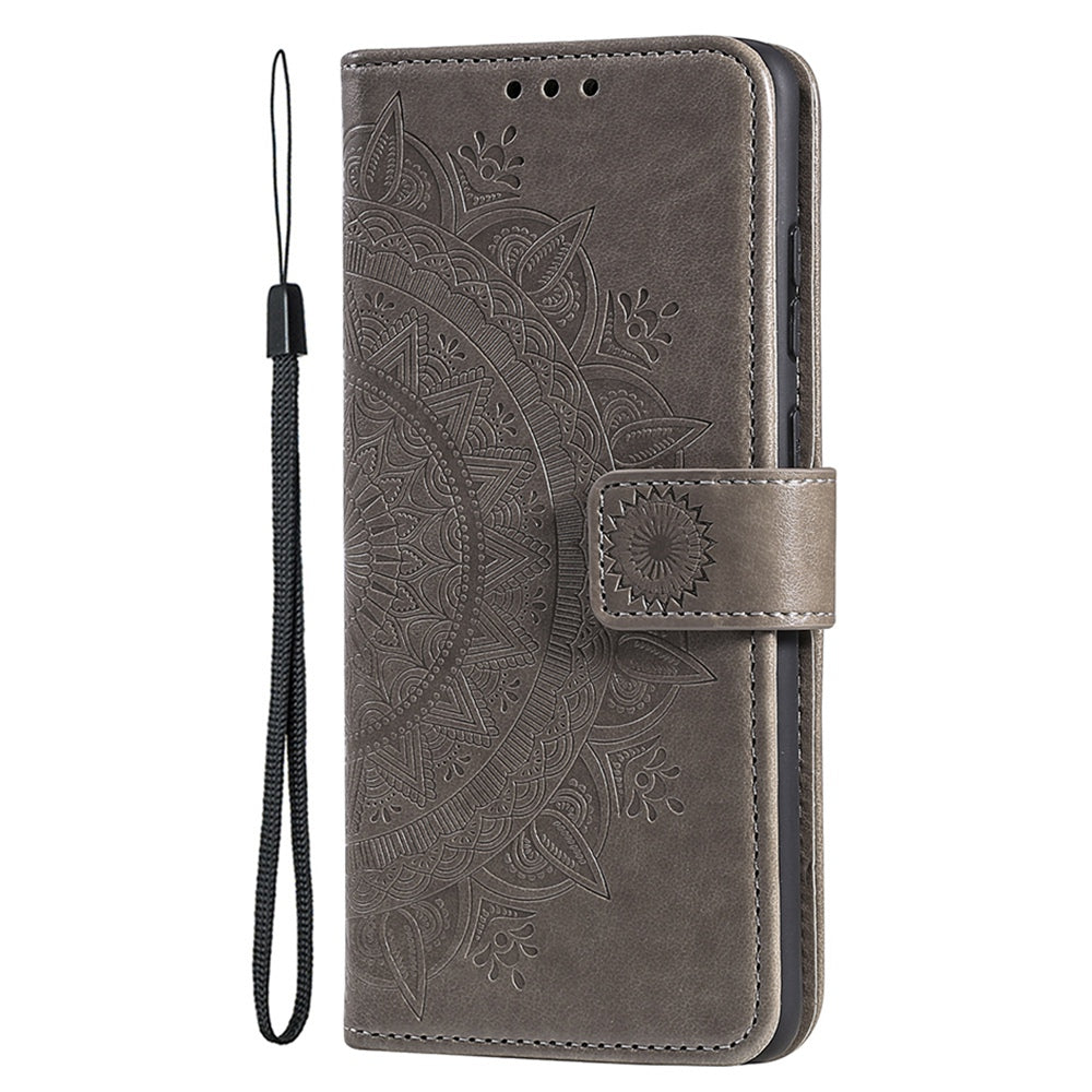 Uniqkart for iPhone 15 Ultra Mandala Flower Imprint Phone Case PU Leather Wallet Stand Folio Cover with Strap - Grey