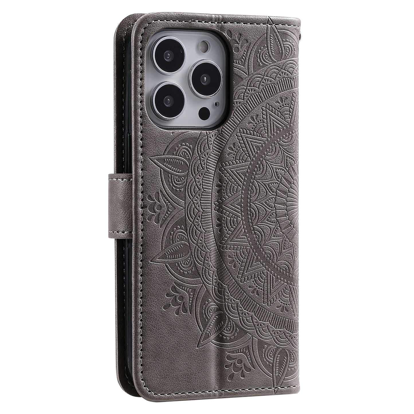 Uniqkart for iPhone 15 Ultra Mandala Flower Imprint Phone Case PU Leather Wallet Stand Folio Cover with Strap - Grey