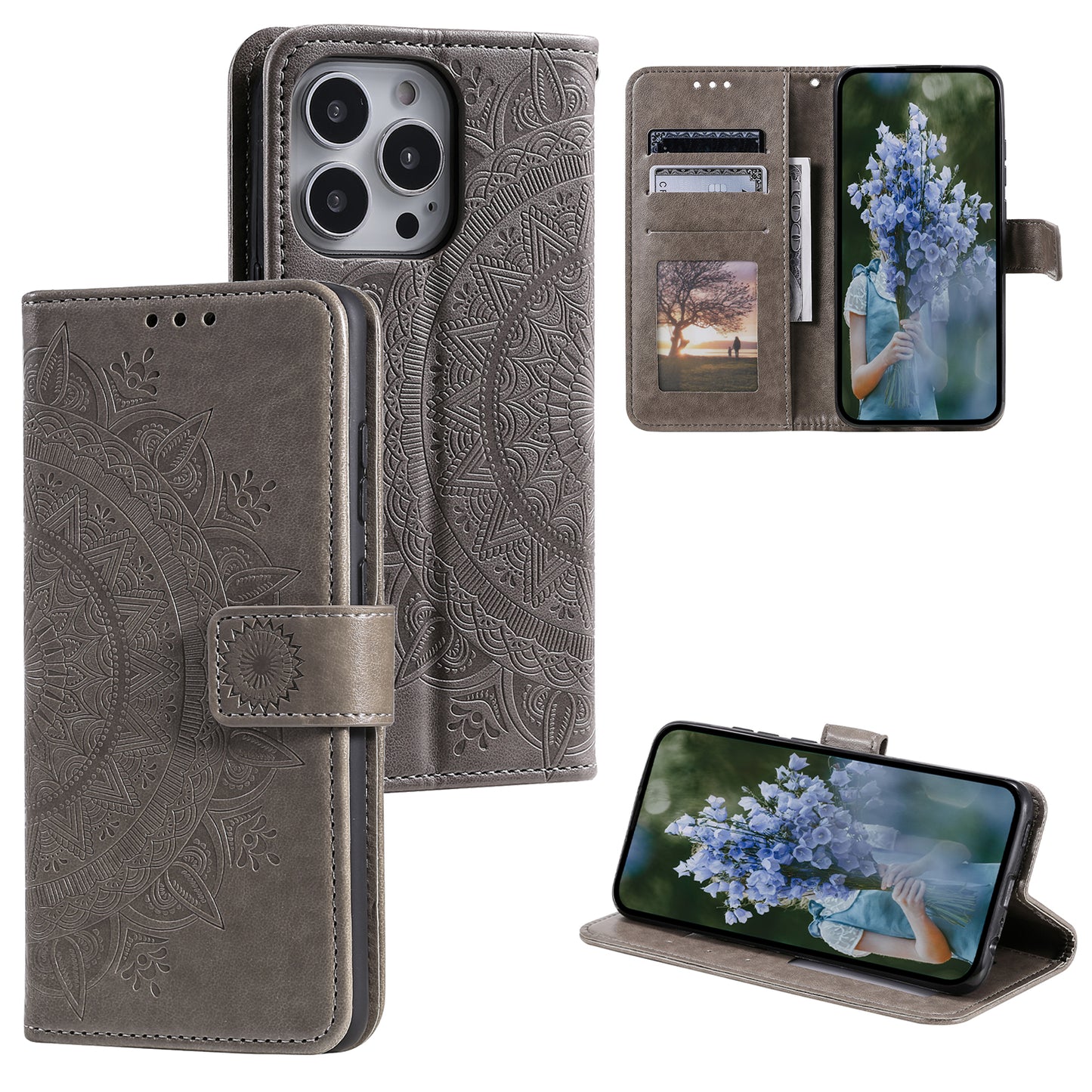 Uniqkart for iPhone 15 Ultra Mandala Flower Imprint Phone Case PU Leather Wallet Stand Folio Cover with Strap - Grey