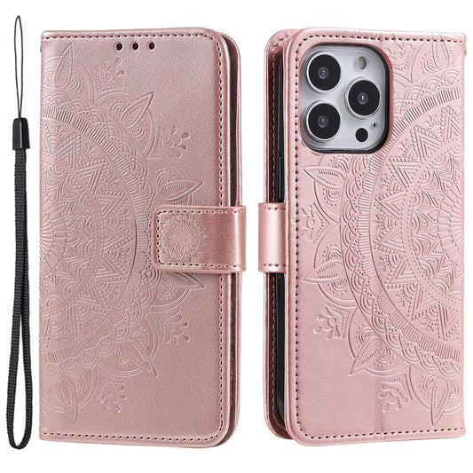 Uniqkart for iPhone 15 Ultra Mandala Flower Imprint Phone Case PU Leather Wallet Stand Folio Cover with Strap - Rose Gold