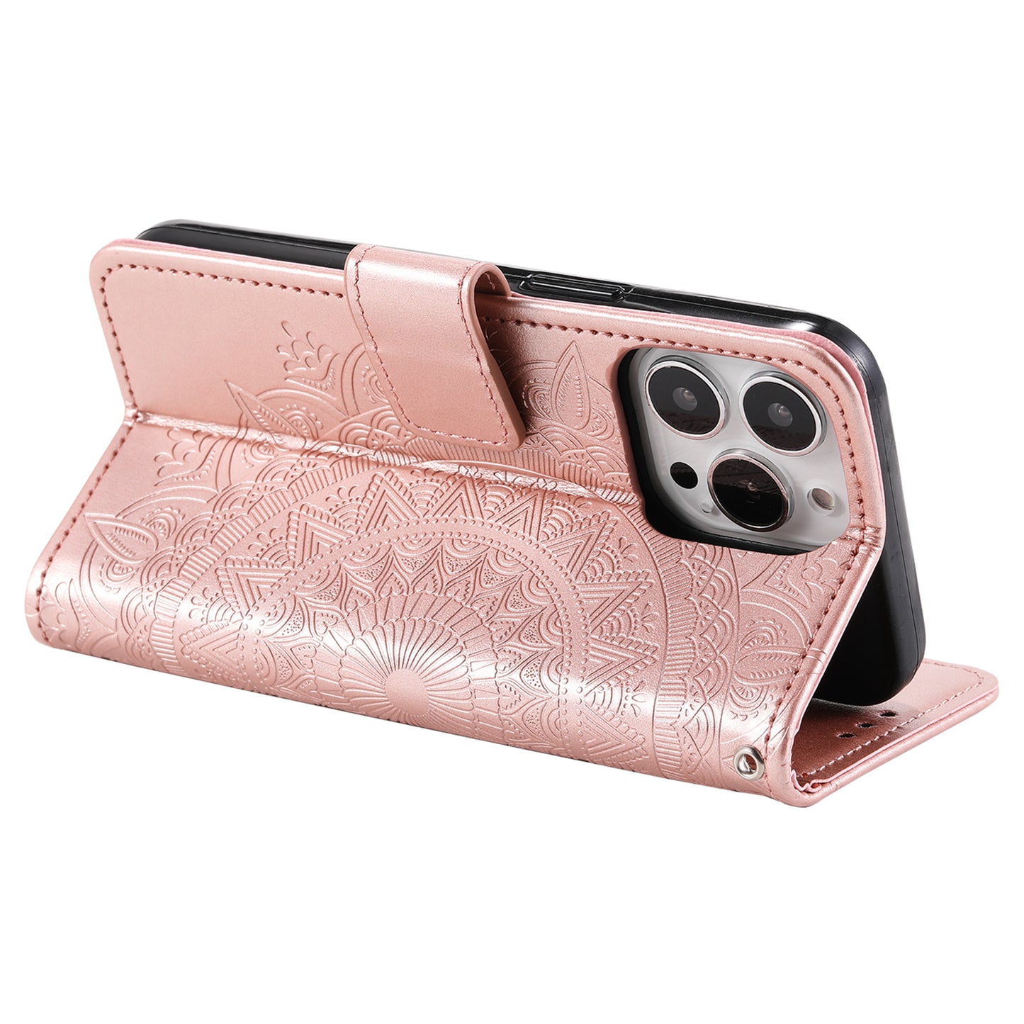 Uniqkart for iPhone 15 Ultra Mandala Flower Imprint Phone Case PU Leather Wallet Stand Folio Cover with Strap - Rose Gold