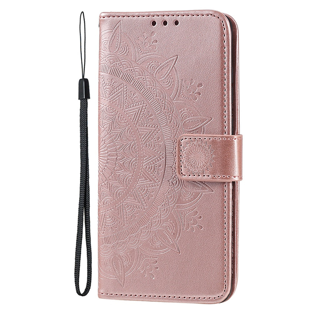 Uniqkart for iPhone 15 Ultra Mandala Flower Imprint Phone Case PU Leather Wallet Stand Folio Cover with Strap - Rose Gold