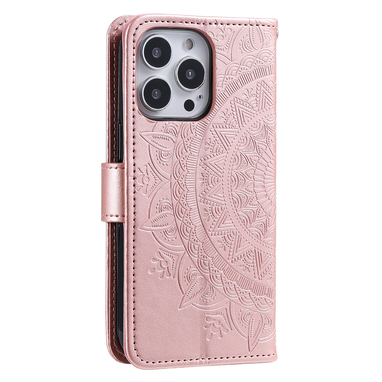 Uniqkart for iPhone 15 Ultra Mandala Flower Imprint Phone Case PU Leather Wallet Stand Folio Cover with Strap - Rose Gold