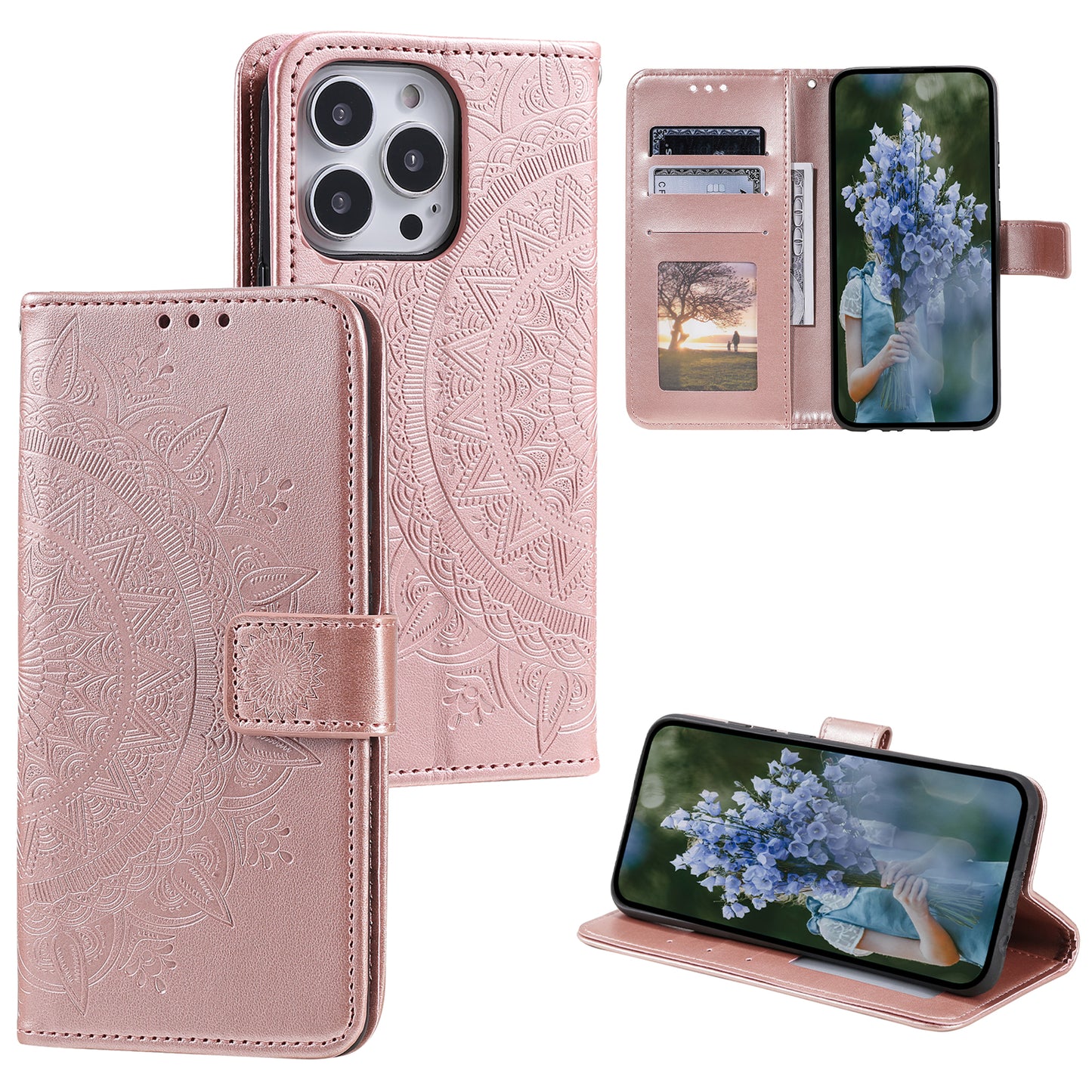 Uniqkart for iPhone 15 Ultra Mandala Flower Imprint Phone Case PU Leather Wallet Stand Folio Cover with Strap - Rose Gold