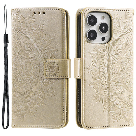 Uniqkart for iPhone 15 Ultra Mandala Flower Imprint Phone Case PU Leather Wallet Stand Folio Cover with Strap - Gold