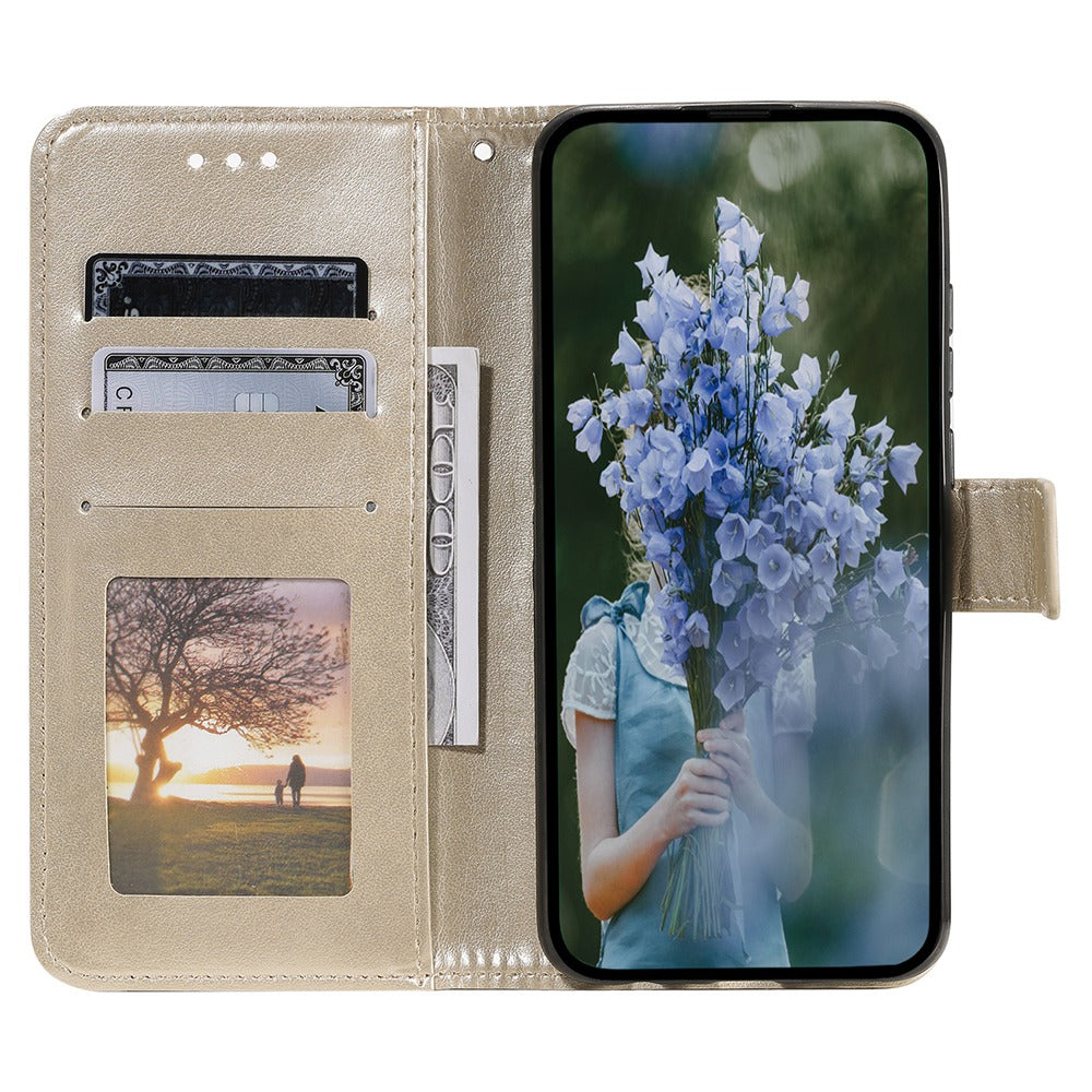 Uniqkart for iPhone 15 Ultra Mandala Flower Imprint Phone Case PU Leather Wallet Stand Folio Cover with Strap - Gold