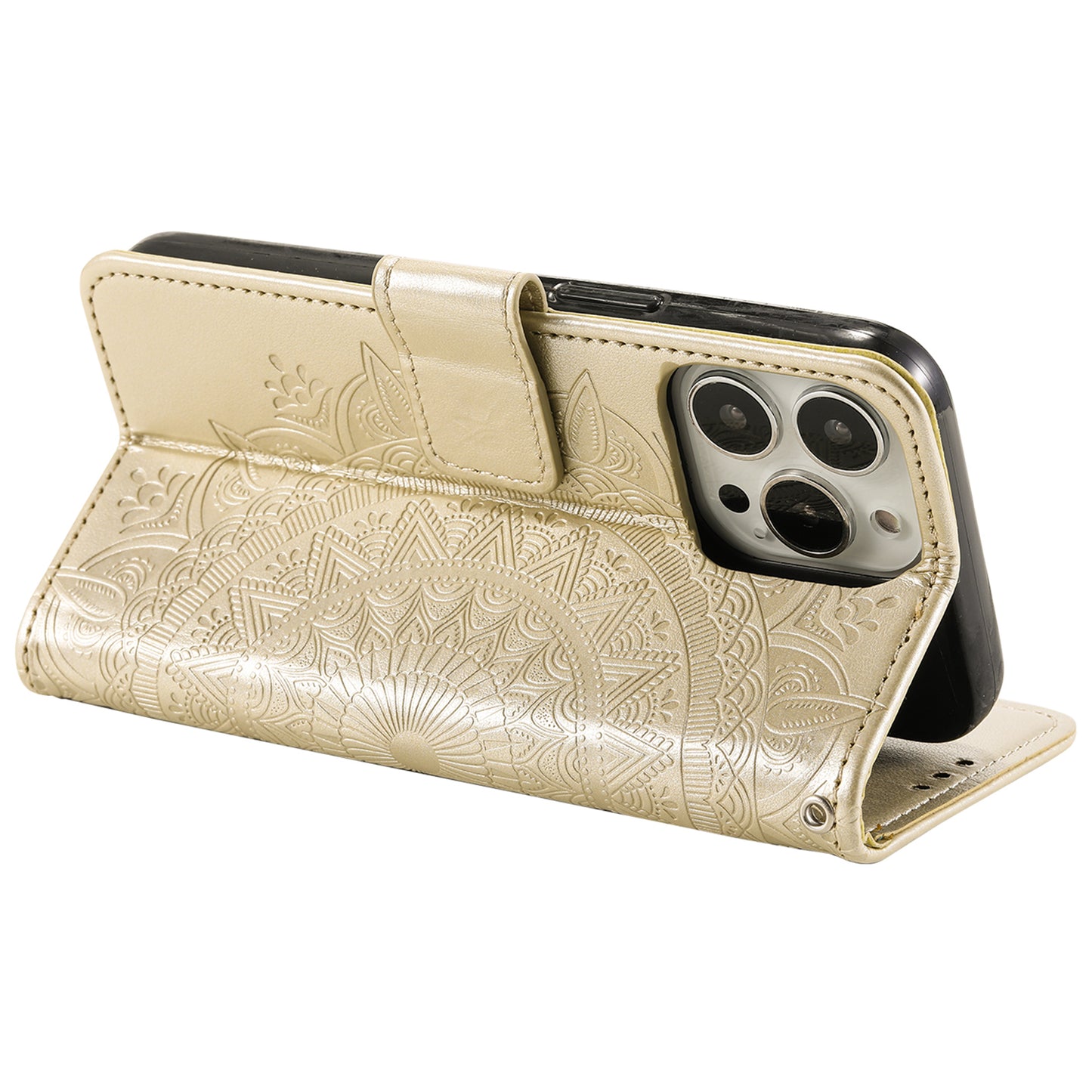 Uniqkart for iPhone 15 Ultra Mandala Flower Imprint Phone Case PU Leather Wallet Stand Folio Cover with Strap - Gold