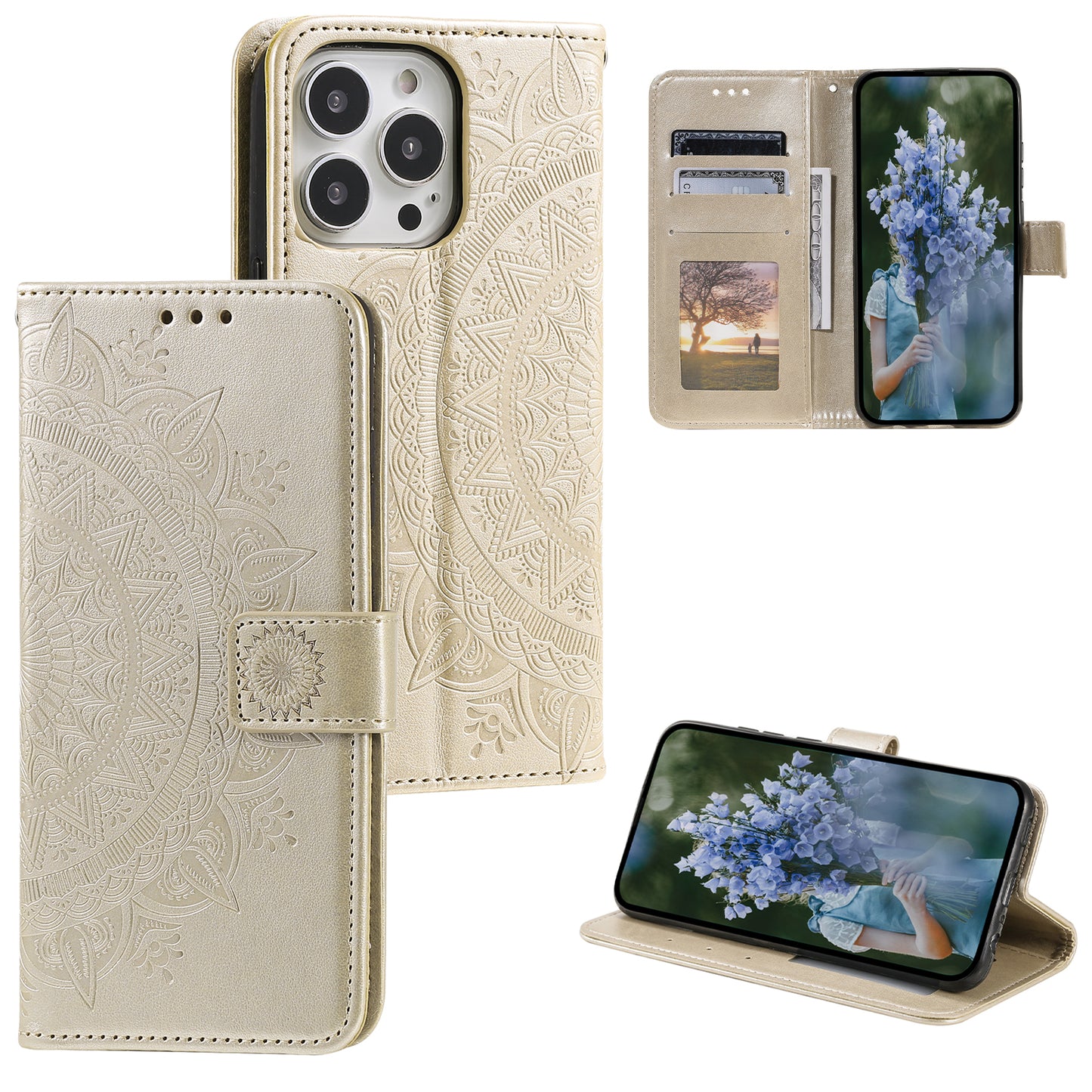 Uniqkart for iPhone 15 Ultra Mandala Flower Imprint Phone Case PU Leather Wallet Stand Folio Cover with Strap - Gold