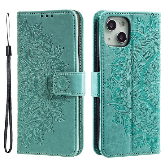 Uniqkart for iPhone 15 PU Leather Stand Cover Mandala Flower Imprint Wallet Phone Case with Strap - Green
