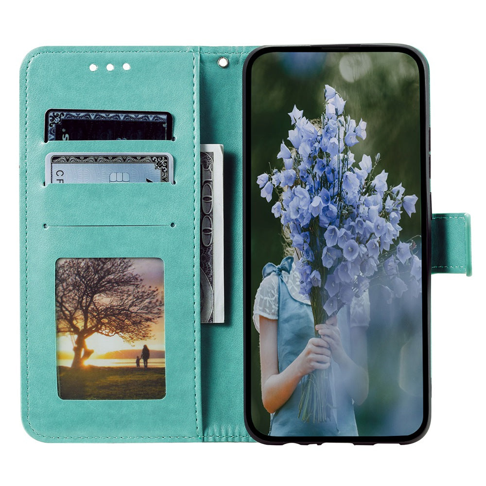 Uniqkart for iPhone 15 PU Leather Stand Cover Mandala Flower Imprint Wallet Phone Case with Strap - Green