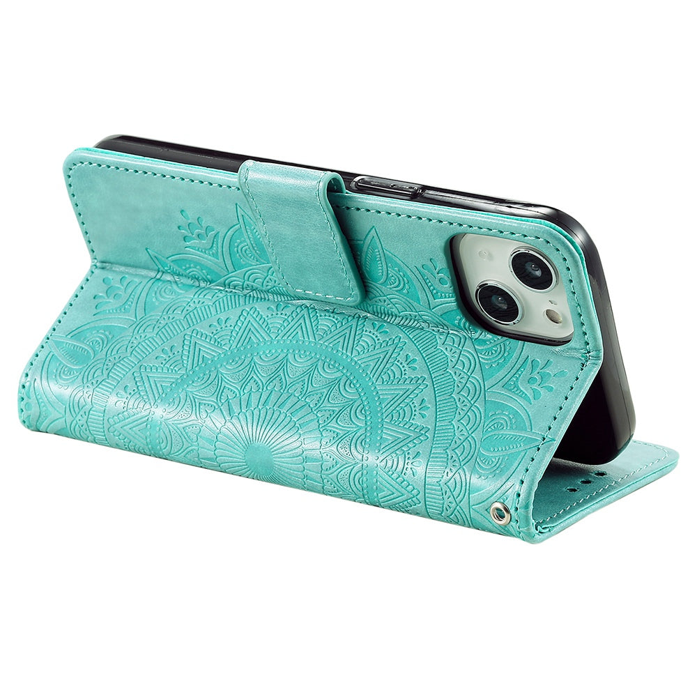 Uniqkart for iPhone 15 PU Leather Stand Cover Mandala Flower Imprint Wallet Phone Case with Strap - Green